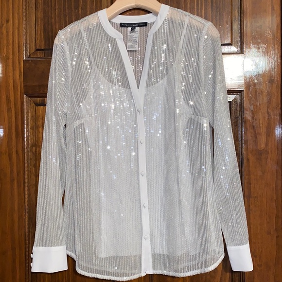 White House Black Market Tops - White House Black Market Silver Sequin Button up blouse shirt size medium